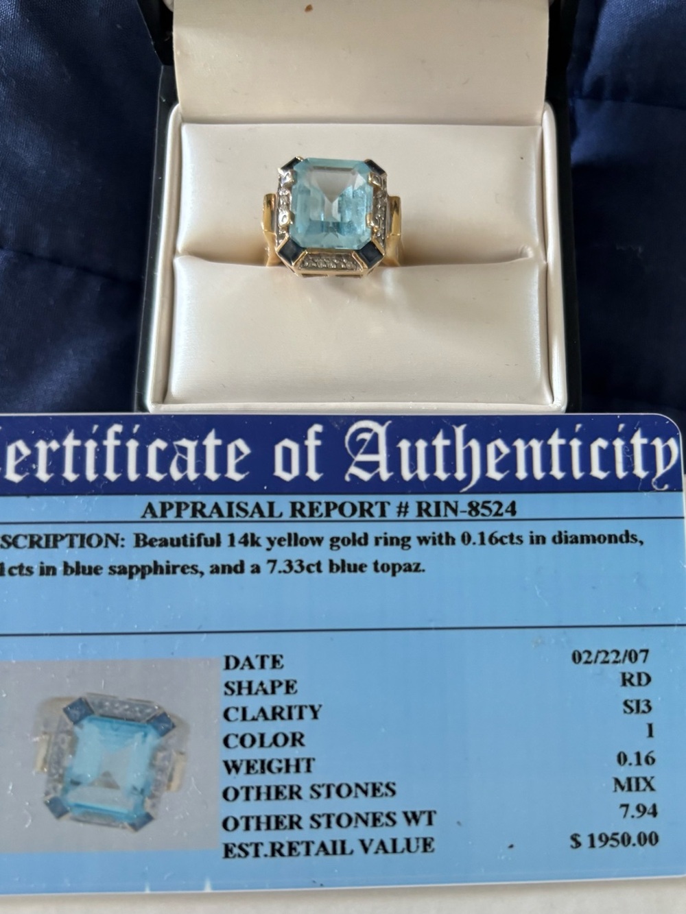 14K Yellow Gold Blue Topaz Ring with Sapphire and Diamond Accents - Picture 2 of 6